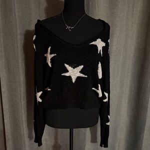Olivaceous Off-Shoulder Black Sweater with White Stars